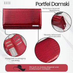 Portfel damski skórzany duży czerwony lakierowany croco SP-19-CRD