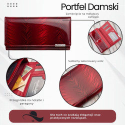 Portfel damski skórzany lakierowany czerwony z roślinnym wzorem SP-16-RD