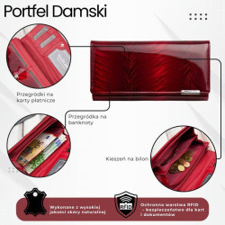 Portfel damski skórzany lakierowany czerwony z roślinnym wzorem SP-16-RD