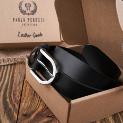 Pasek damski skórzany czarny 110 cm ze srebrną klamrą Paolo Peruzzi PG-01-BLS-110