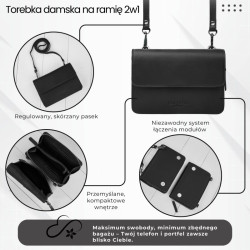 Mała torebka damska skórzana kopertówka na ramię do ręki 2w1 czarna Paolo Peruzzi AY-21-BL