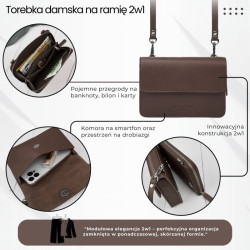 Mała torebka damska skórzana kopertówka na ramię do ręki 2w1 brązowa Paolo Peruzzi AY-21-BR
