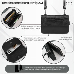 Mała torebka damska skórzana kopertówka na ramię do ręki 2w1 croco czarna Paolo Peruzzi AY-21-CRBL