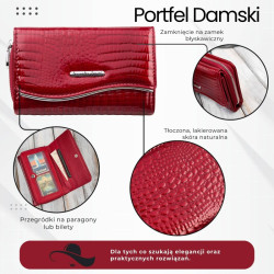 Portfel damski skórzany lakierowany ze zwierzęcym wzorem croco czerwony SP-24-CRD