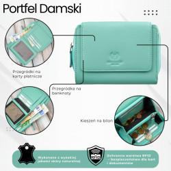 Portfel damski skórzany miętowy duży w orientacji poziomej z RFID Paolo Peruzzi SL-07-MNT